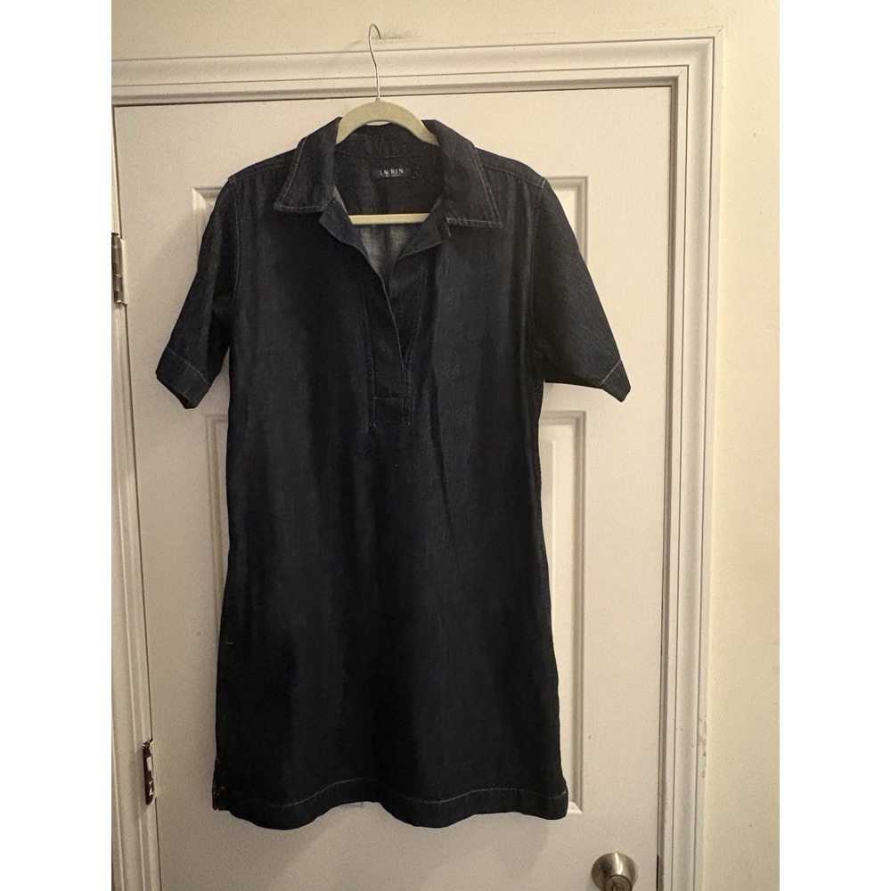 Lauren Ralph Lauren Womens Indigo Denim V-Neck Shift Dress Size Petite Large